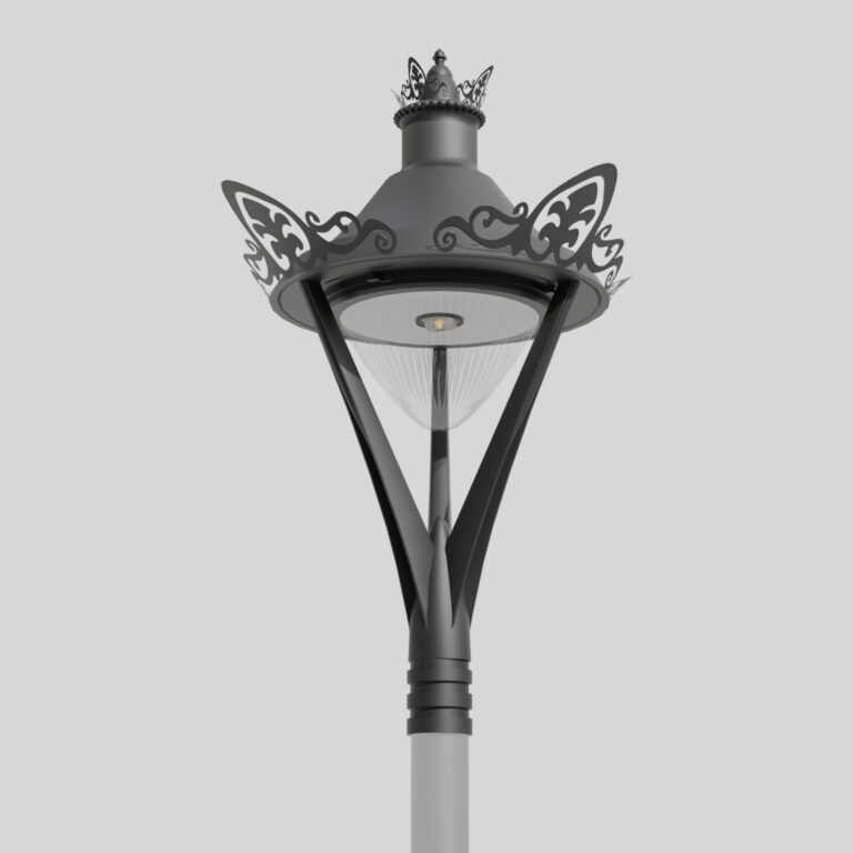 Lampadaire décoratif modèle 10 Opal C avec éléments décoratifs de couronne et bras de style rétro, équipé d'une source lumineuse LED moderne. Vue du dessous sur fond gris clair.